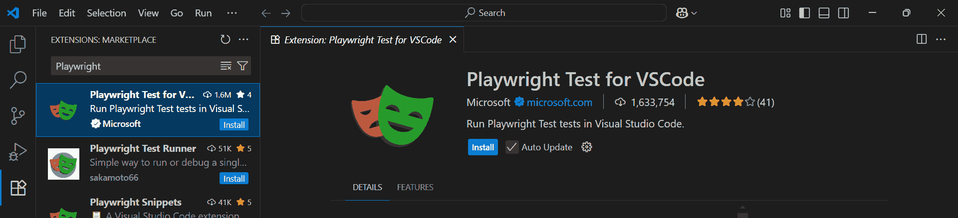 Playwright install button on VS Code